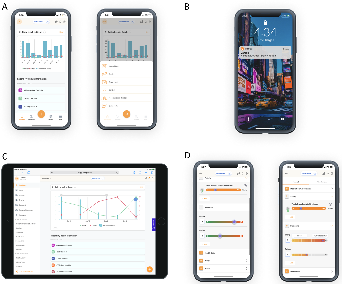 Figure 2. Overview of Zamplo app improvements made in response to user feedback. [A] dashboard showing overall visual design. [B] push notifications. [C] graphing. [D] sliding symptom scales before (left) and after (right). 